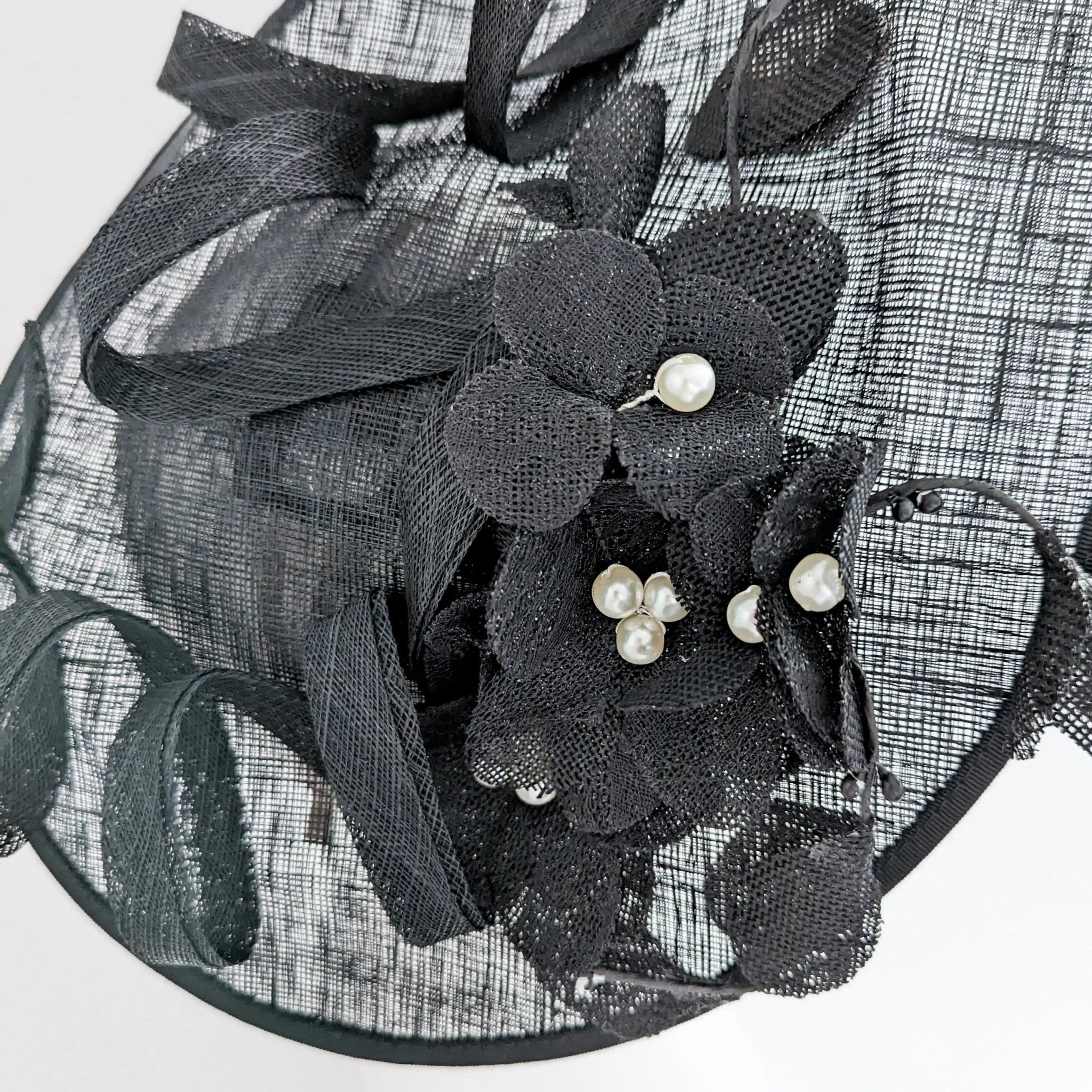 Black large lace flower saucer fascinator hat - House of Hats