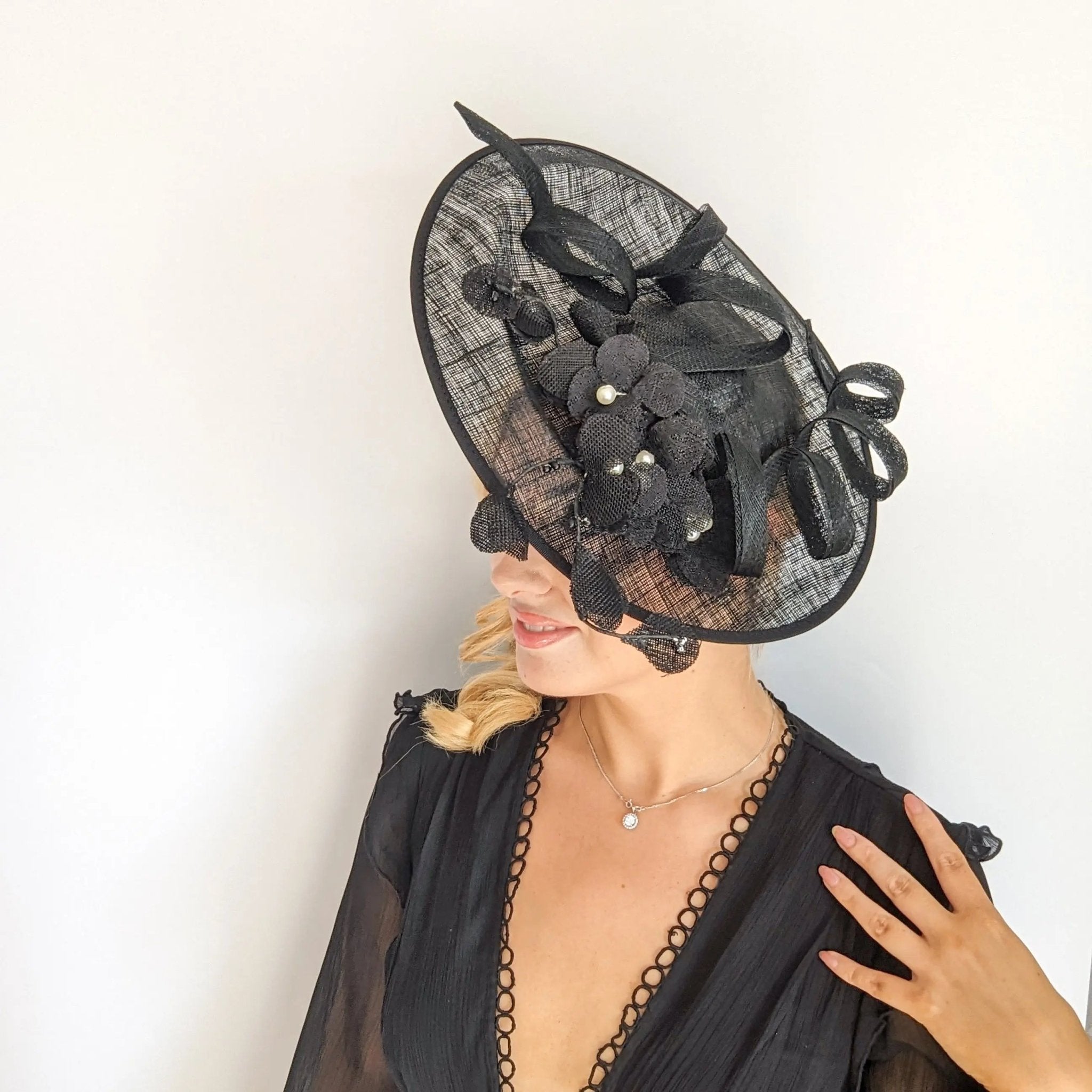 Black large lace flower saucer fascinator hat - House of Hats