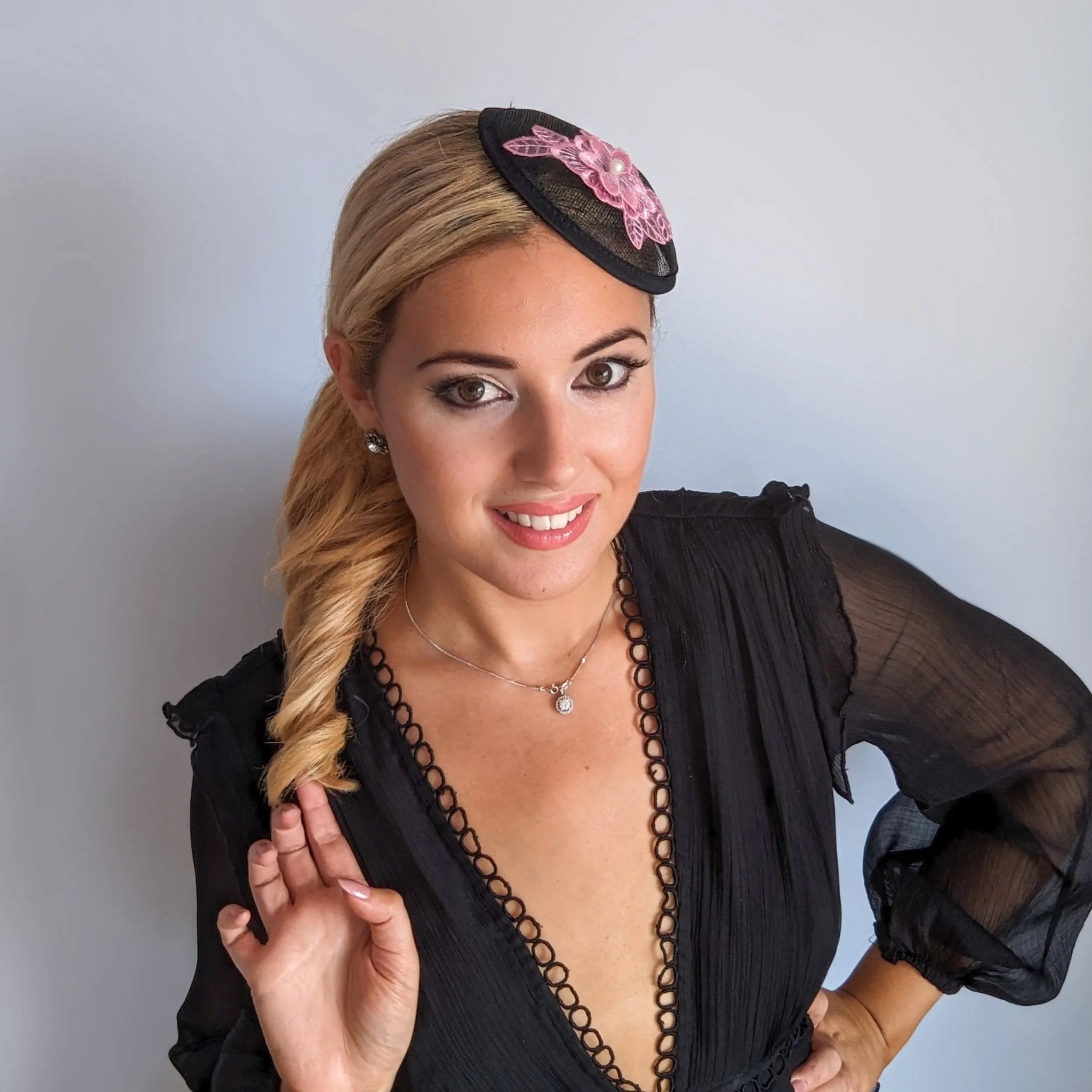 Black pink lace small fascinator hat - House of Hats