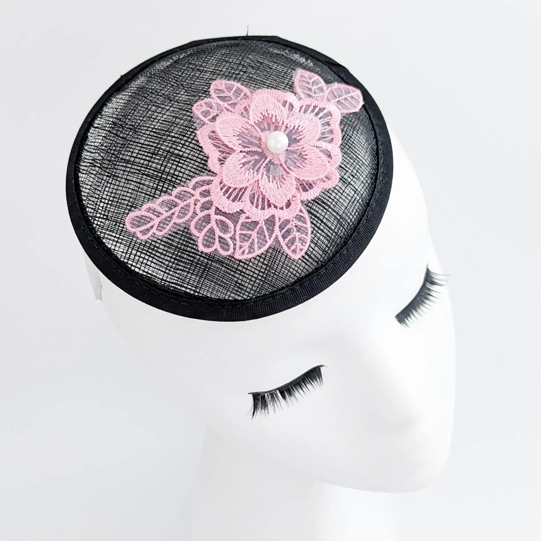 Black pink lace small fascinator hat - House of Hats