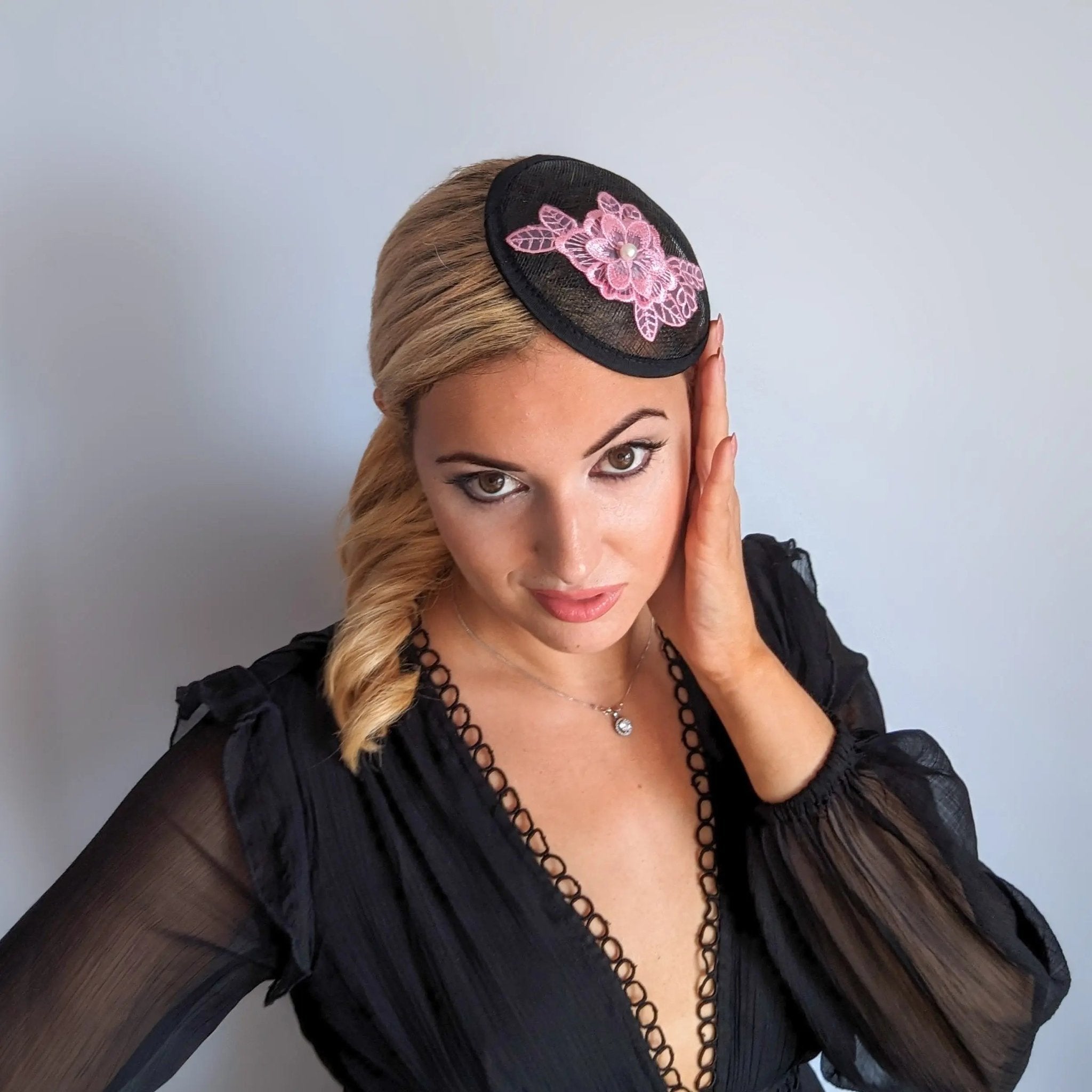 Black pink lace small fascinator hat - House of Hats