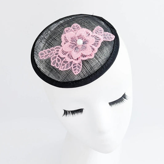 Black pink lace small fascinator hat - House of Hats