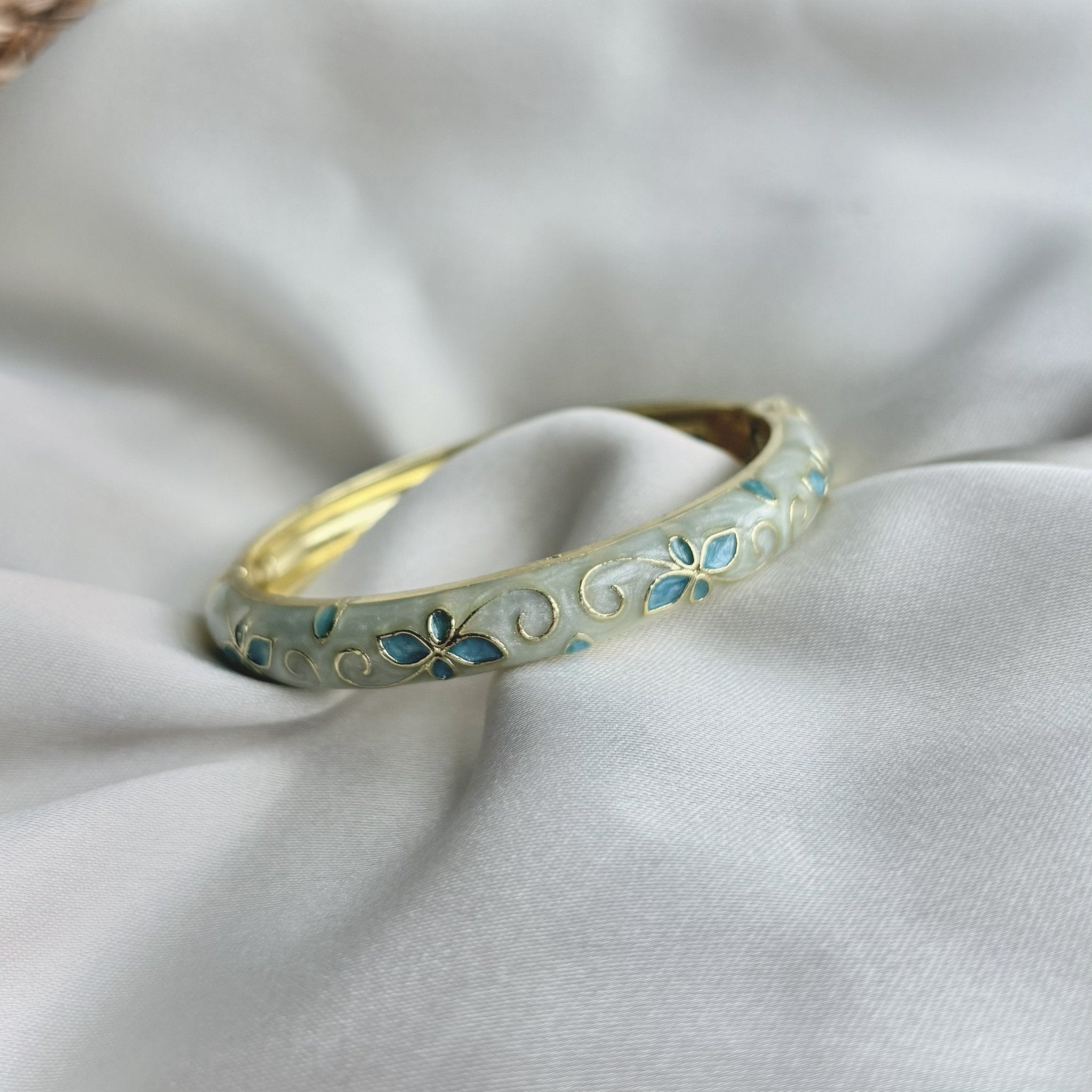 Blue Pearl Bangle — Cloisonné Enamel Faerie Flower Gold Pastel - House of Hats