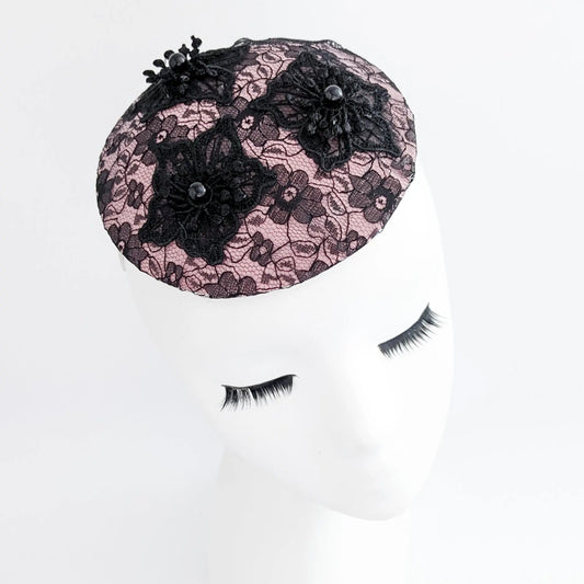 Blush pink black lace small fascinator hat - House of Hats