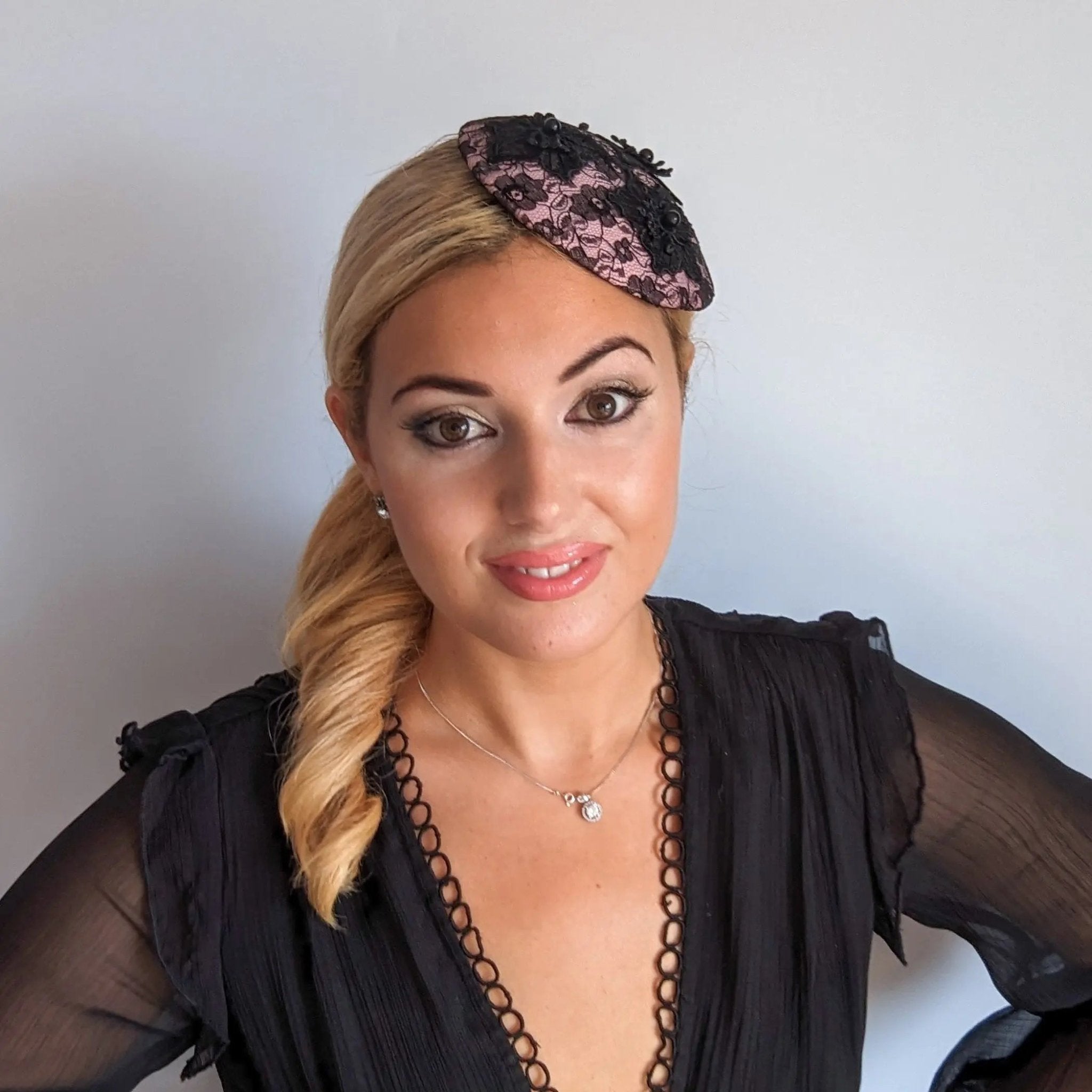Blush pink black lace small fascinator hat - House of Hats