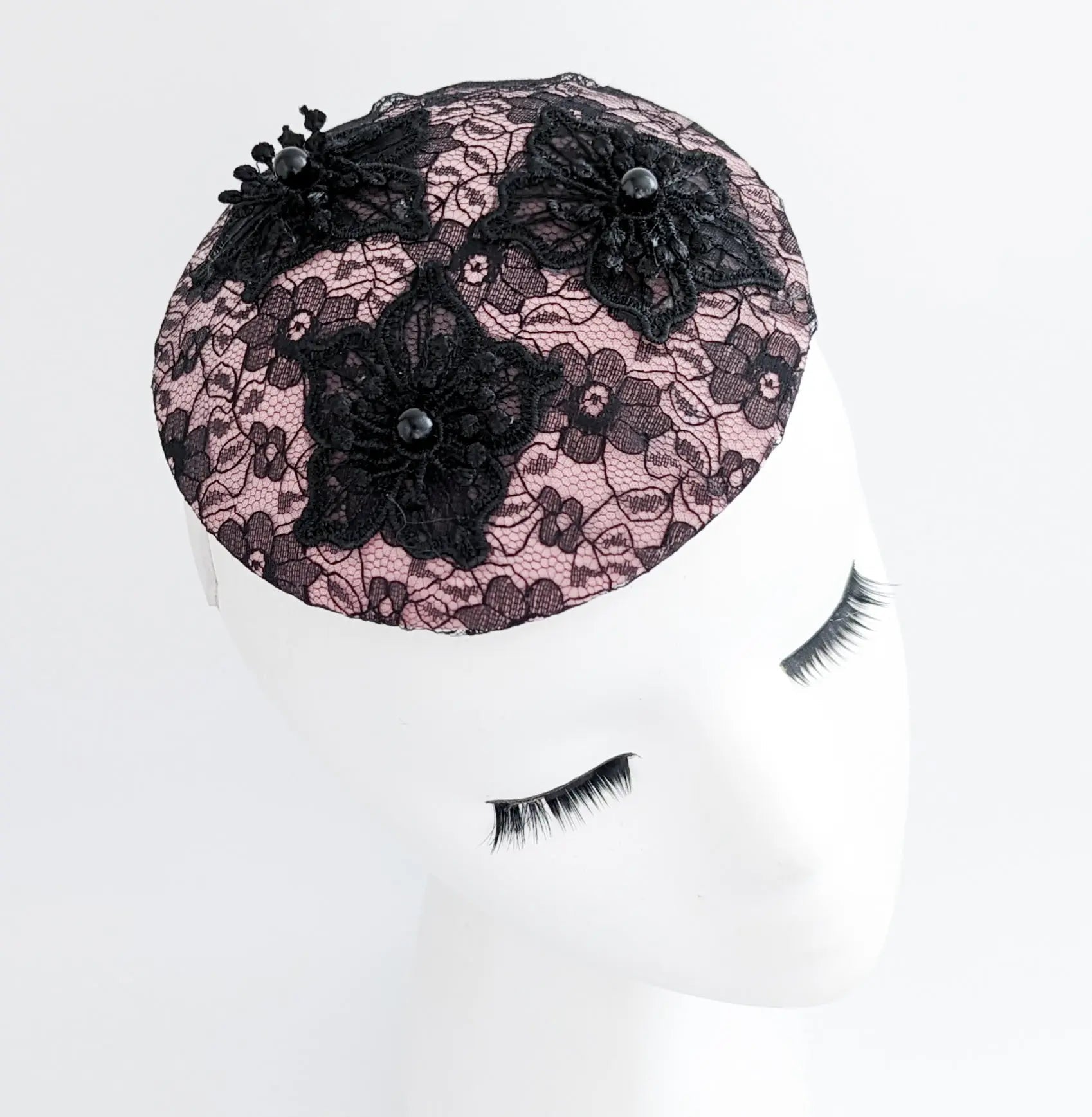 Blush pink black lace small fascinator hat - House of Hats