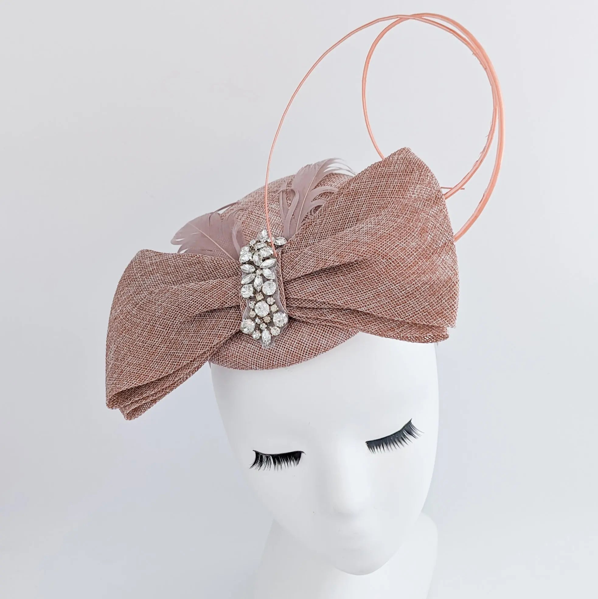 Blush pink crystal feather bow fascinator hat - House of Hats
