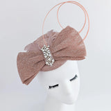 Blush pink crystal feather bow fascinator hat - House of Hats