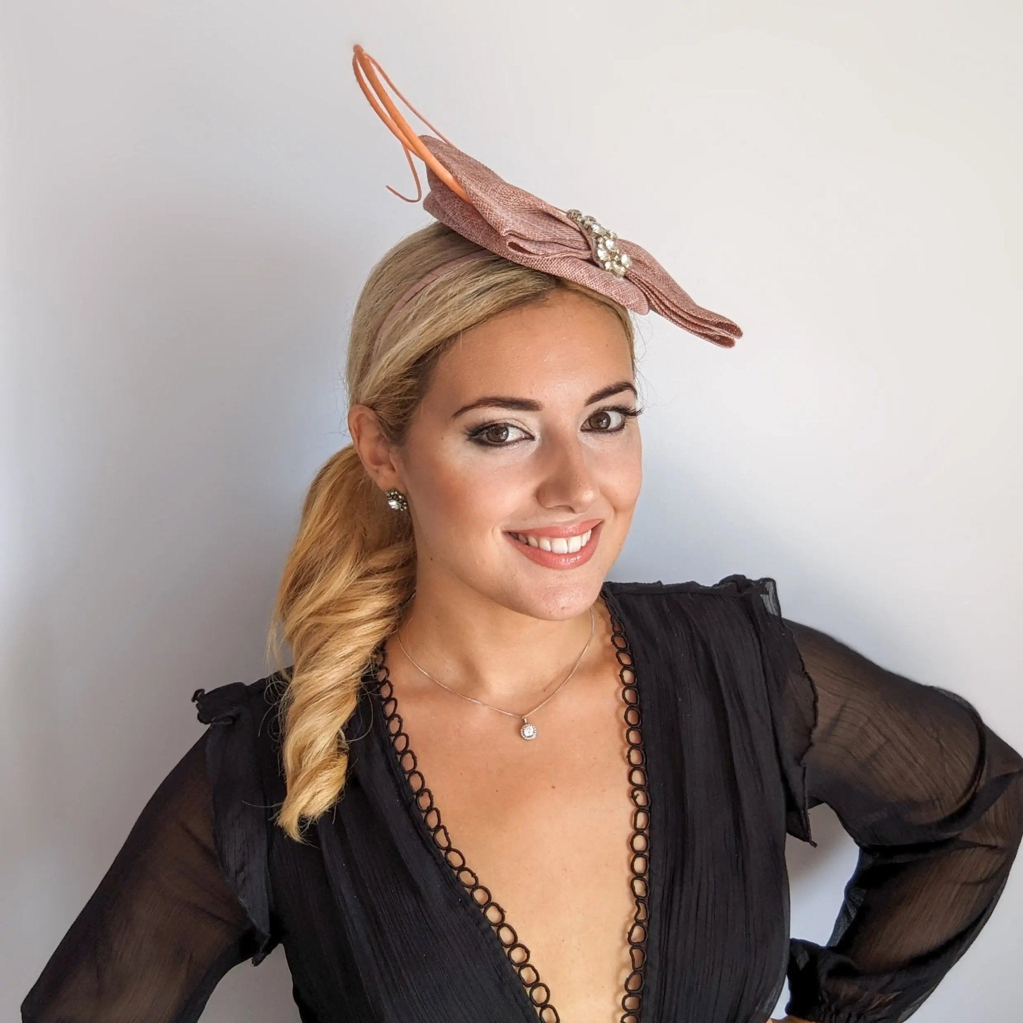 Blush pink crystal feather bow fascinator hat - House of Hats