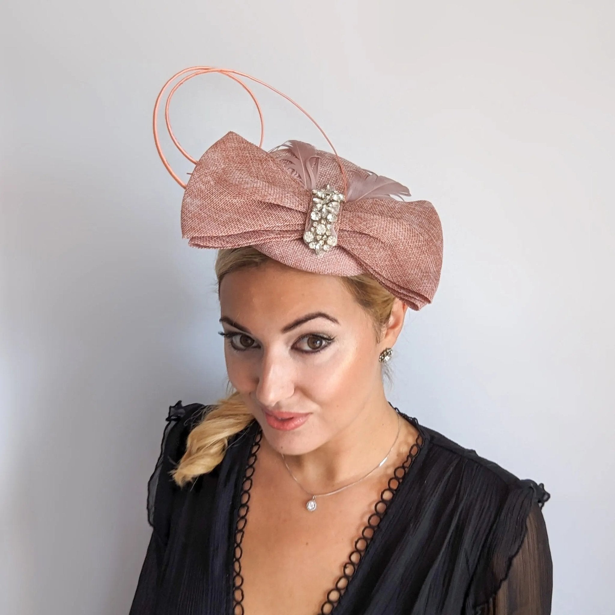 Blush pink crystal feather bow fascinator hat - House of Hats