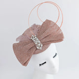 Blush pink crystal feather bow fascinator hat - House of Hats