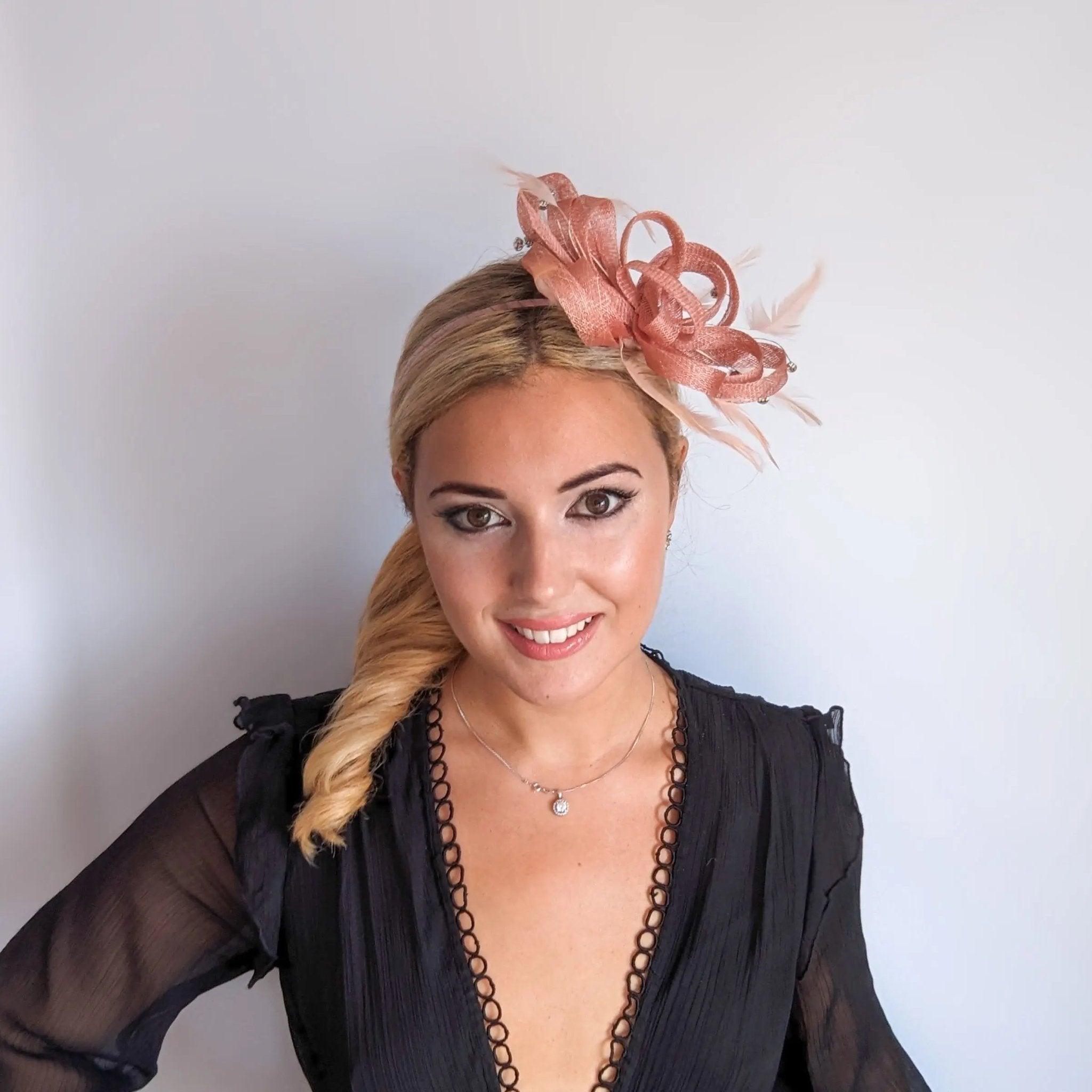 Blush pink crystal feather fascinator hat - House of Hats