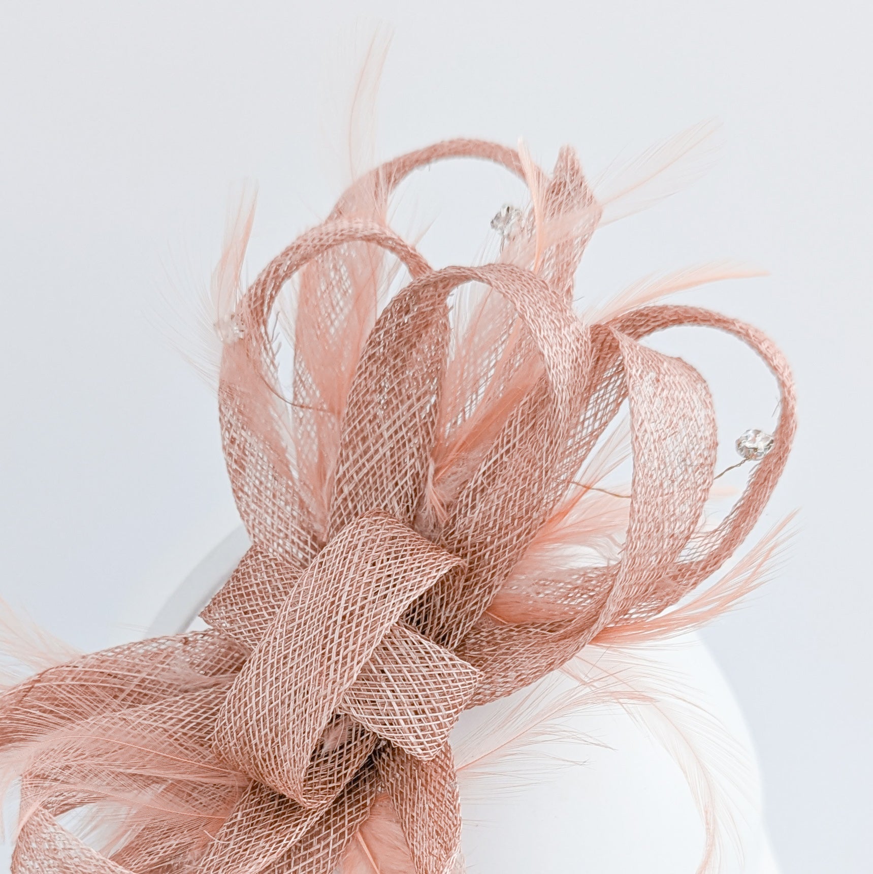 Blush pink fascinator hat with crystals and feathers - House of Hats
