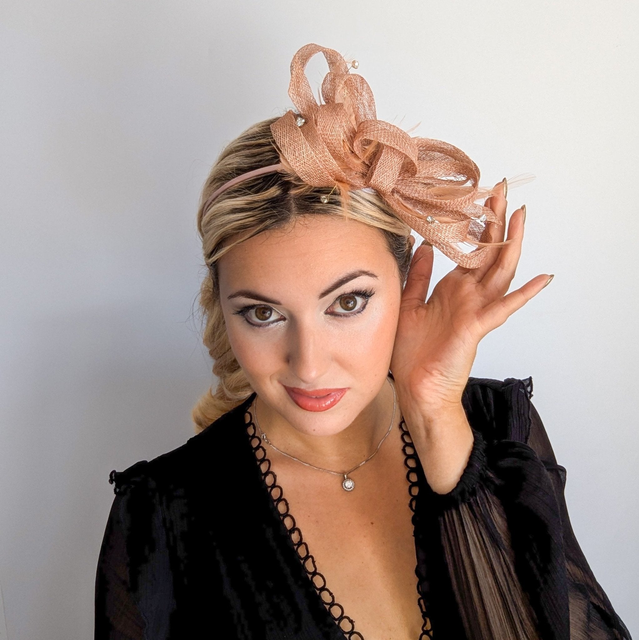 Blush pink fascinator hat with crystals and feathers - House of Hats