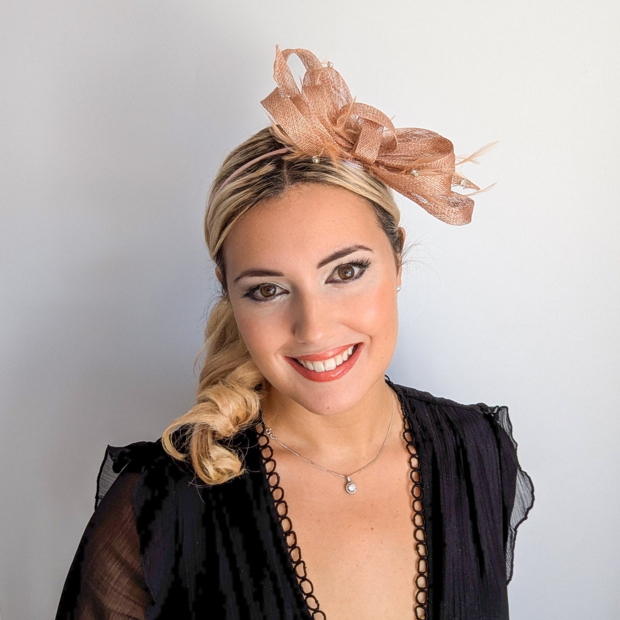 Blush pink fascinator hat with crystals and feathers - House of Hats