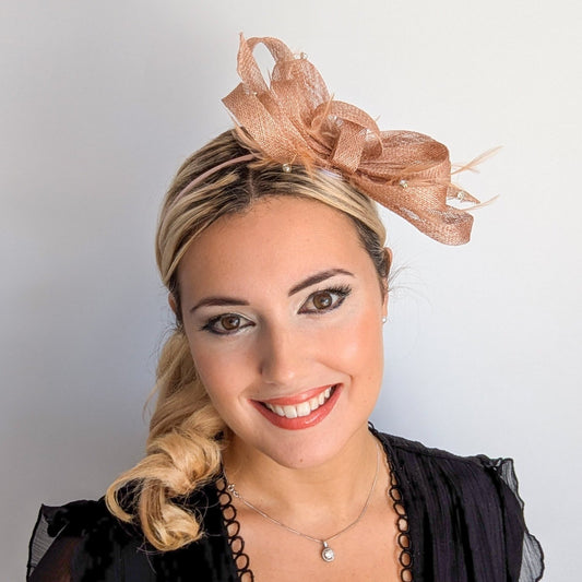 Blush pink fascinator hat with crystals and feathers - House of Hats