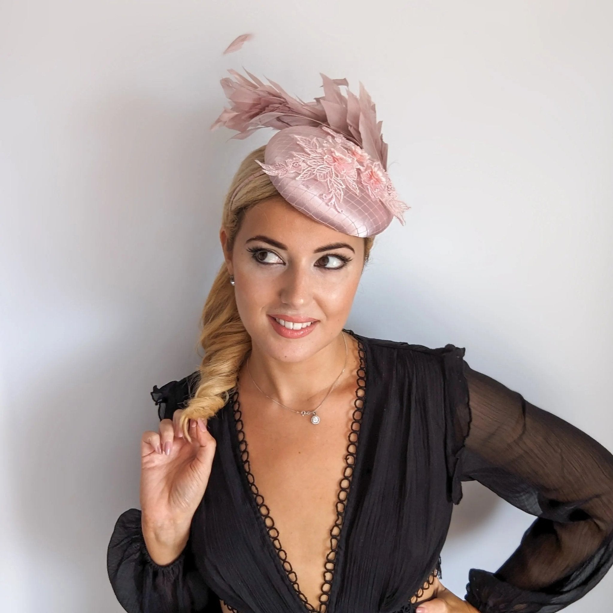 Blush pink feather lace satin fascinator hat - House of Hats