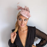 Blush pink feather lace satin fascinator hat - House of Hats