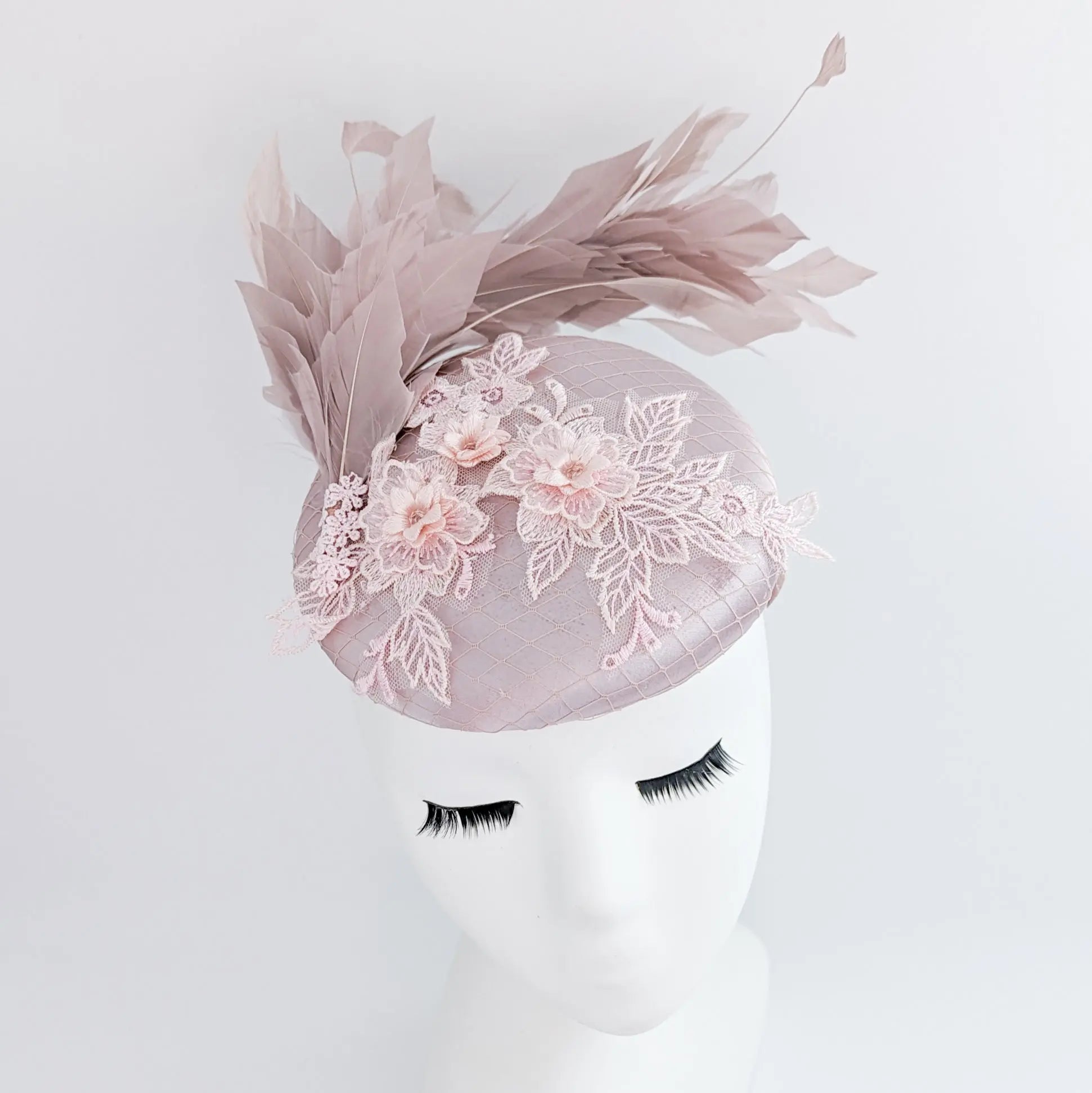 Blush pink feather lace satin fascinator hat - House of Hats