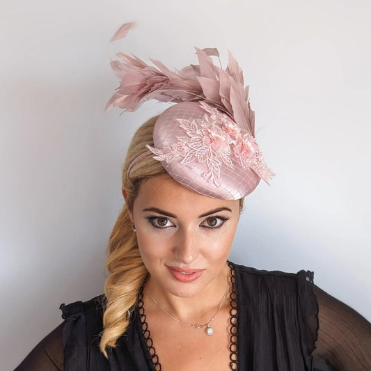 Blush pink feather lace satin fascinator hat - House of Hats
