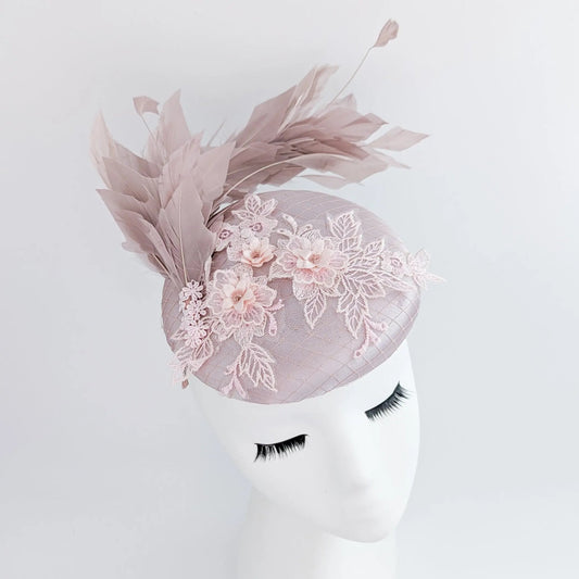 Blush pink feather lace satin fascinator hat - House of Hats