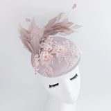 Blush pink feather lace satin fascinator hat - House of Hats
