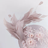 Blush pink feather lace satin fascinator hat - House of Hats