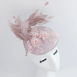 Blush pink feather lace satin fascinator hat - House of Hats