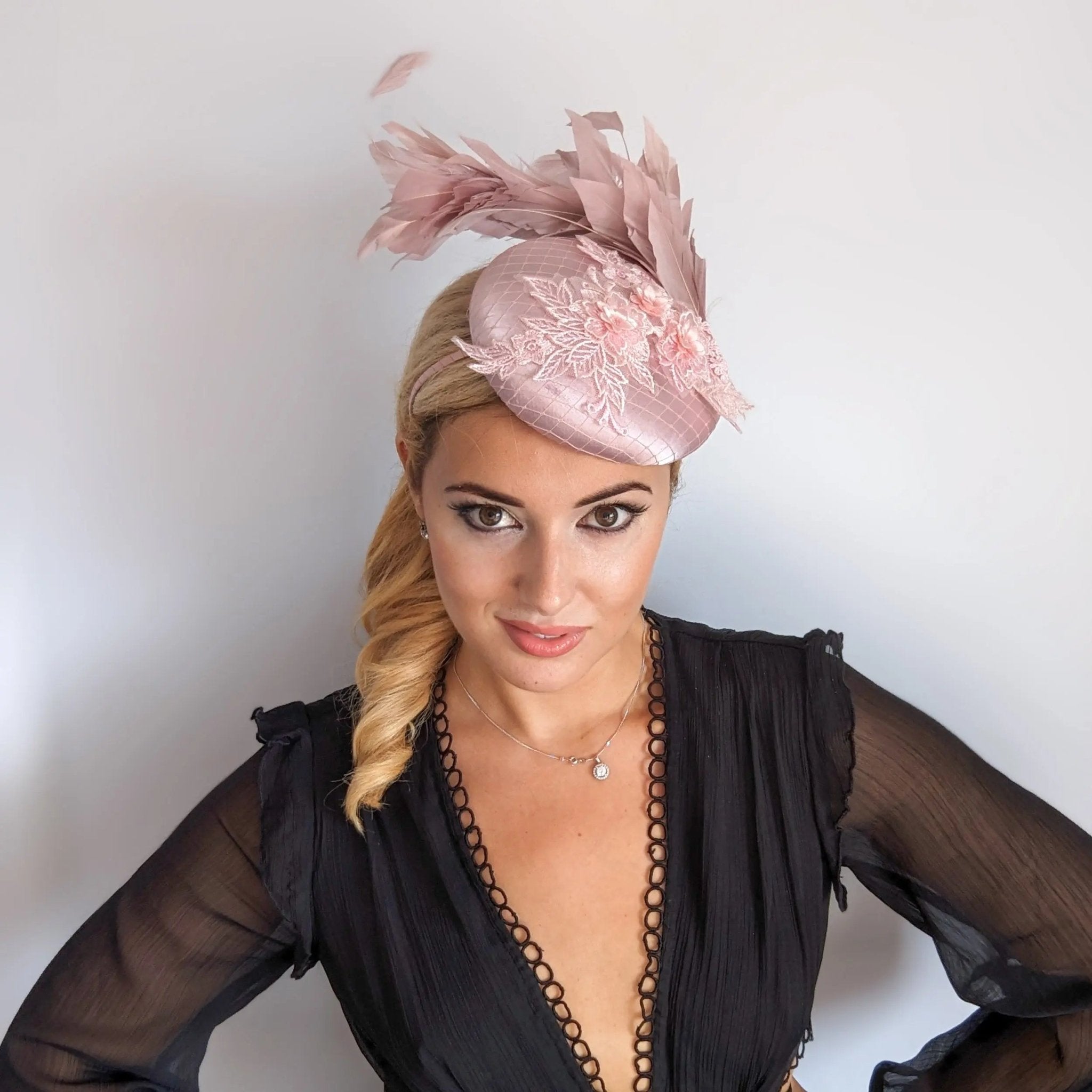 Blush pink feather lace satin fascinator hat - House of Hats