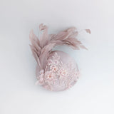 Blush pink feather lace satin fascinator hat - House of Hats