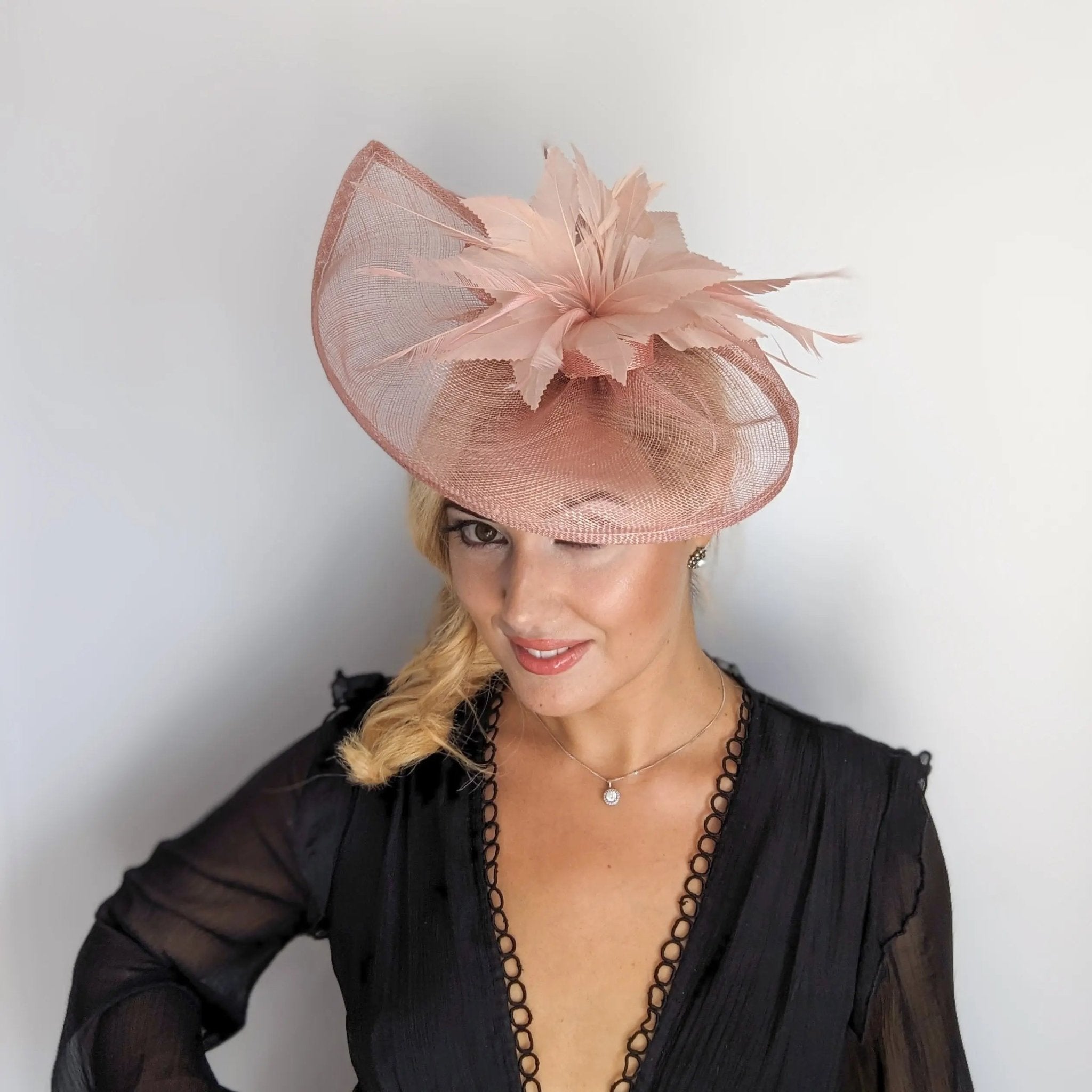 Blush pink feather large teardrop fascinator hat - House of Hats