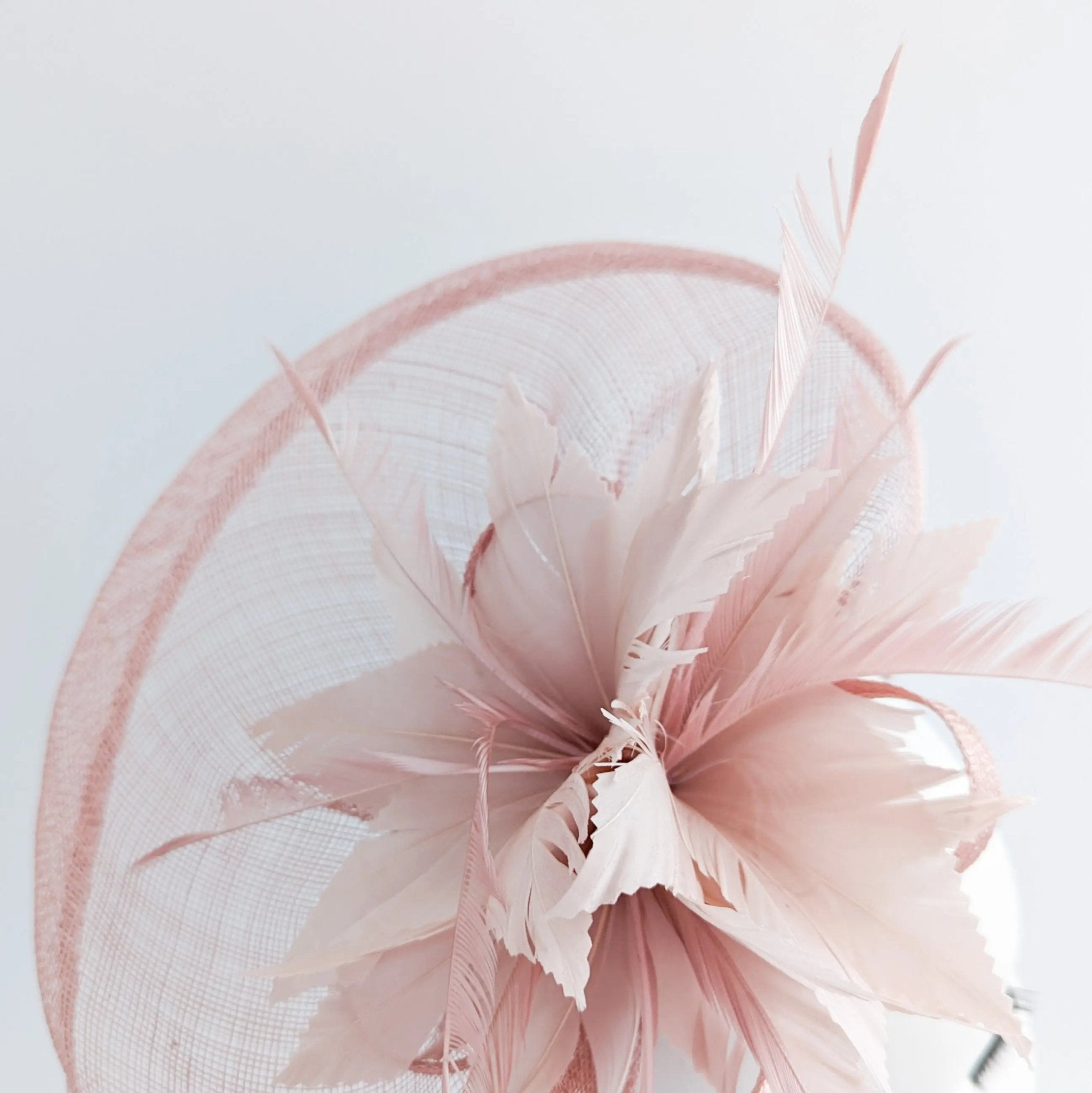 Blush pink feather large teardrop fascinator hat - House of Hats