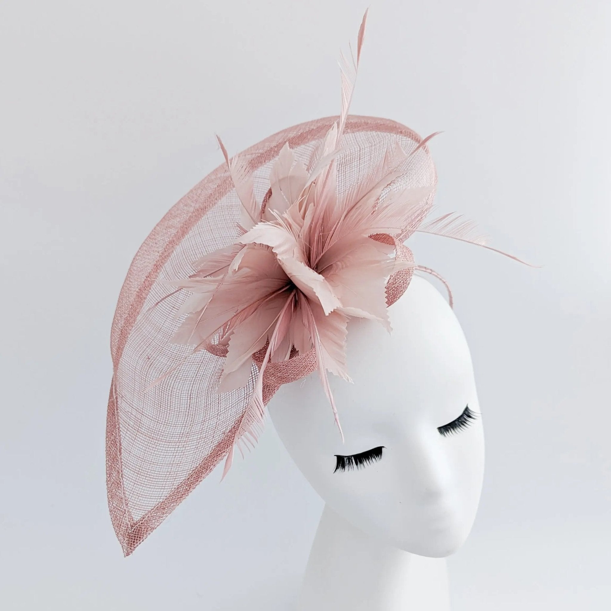 Blush pink feather large teardrop fascinator hat - House of Hats
