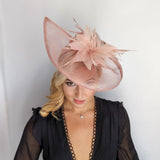 Blush pink feather large teardrop fascinator hat - House of Hats