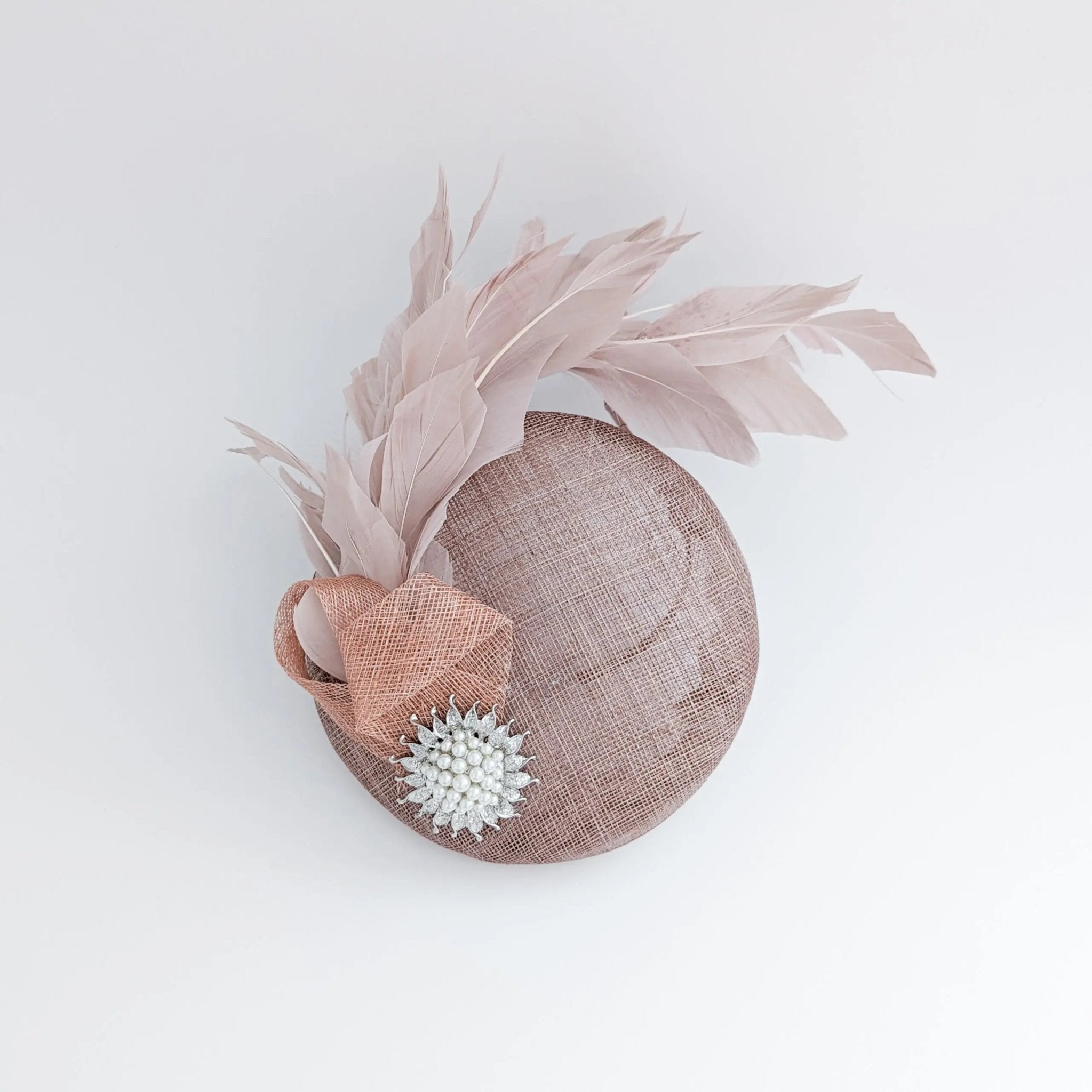 Blush pink feather pearl fascinator hat - House of Hats