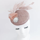 Blush pink feather pearl fascinator hat - House of Hats