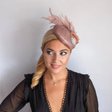 Blush pink feather pearl fascinator hat - House of Hats
