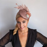 Blush pink feather pearl fascinator hat - House of Hats