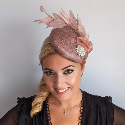 Blush pink feather pearl fascinator hat - House of Hats