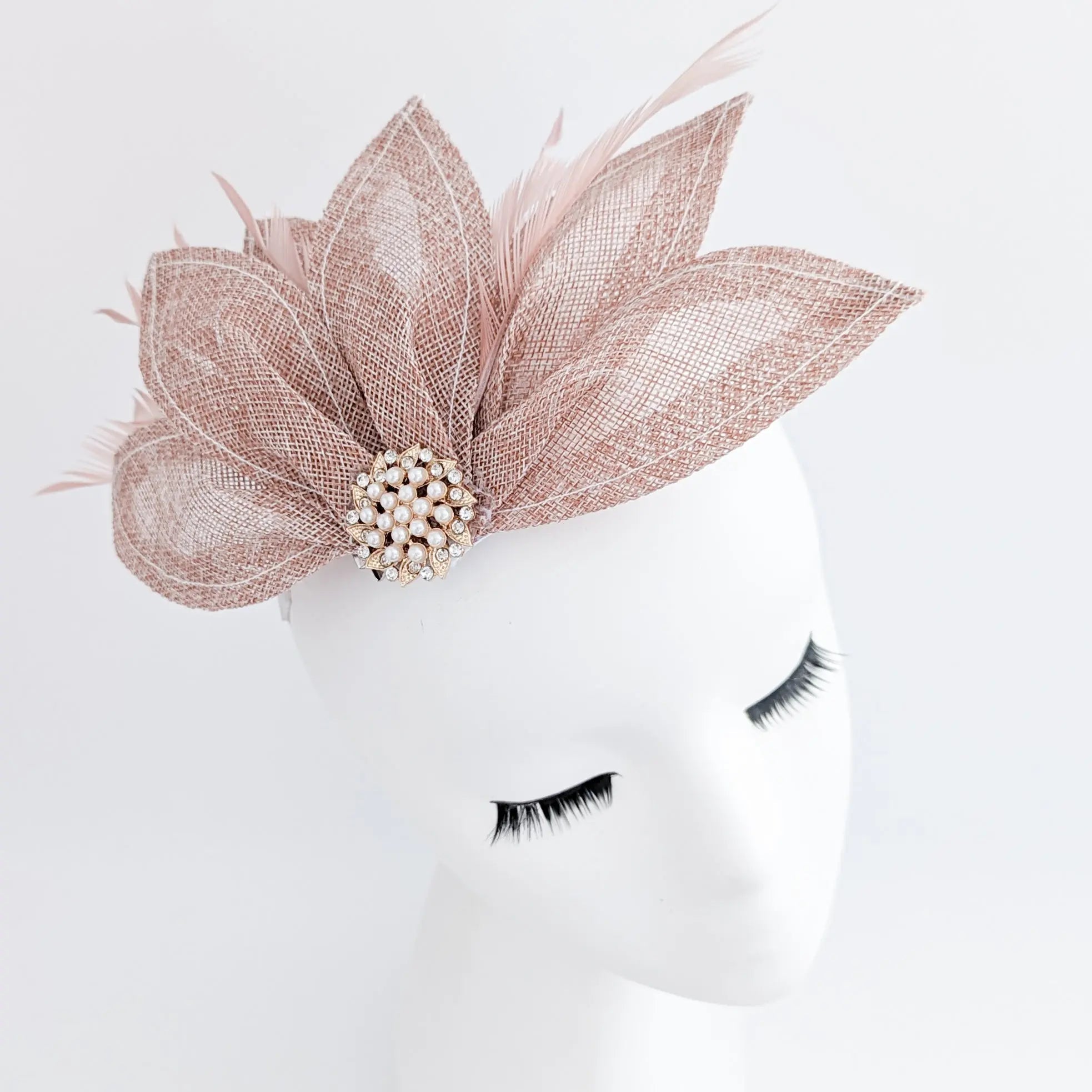 Blush pink feather petal fan fascinator hat - House of Hats