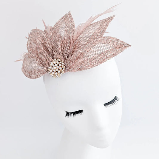 Blush pink feather petal fan fascinator hat - House of Hats