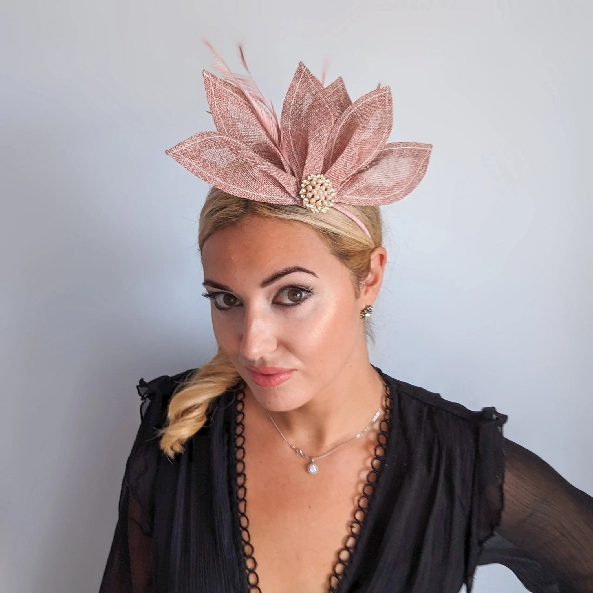 Blush pink feather petal fan fascinator hat - House of Hats