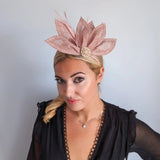 Blush pink feather petal fan fascinator hat - House of Hats