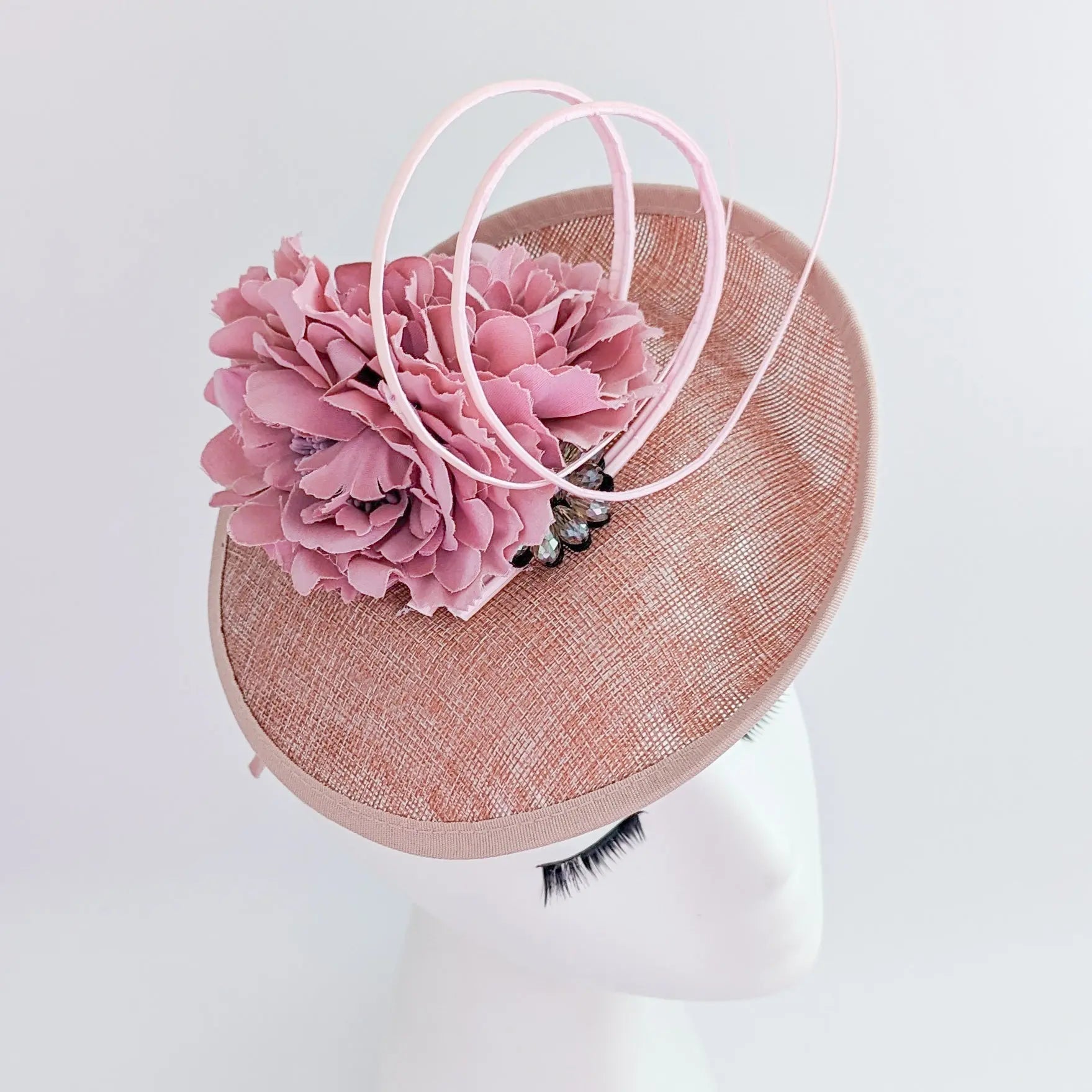 Blush pink flower crystal disc saucer fascinator hat - House of Hats