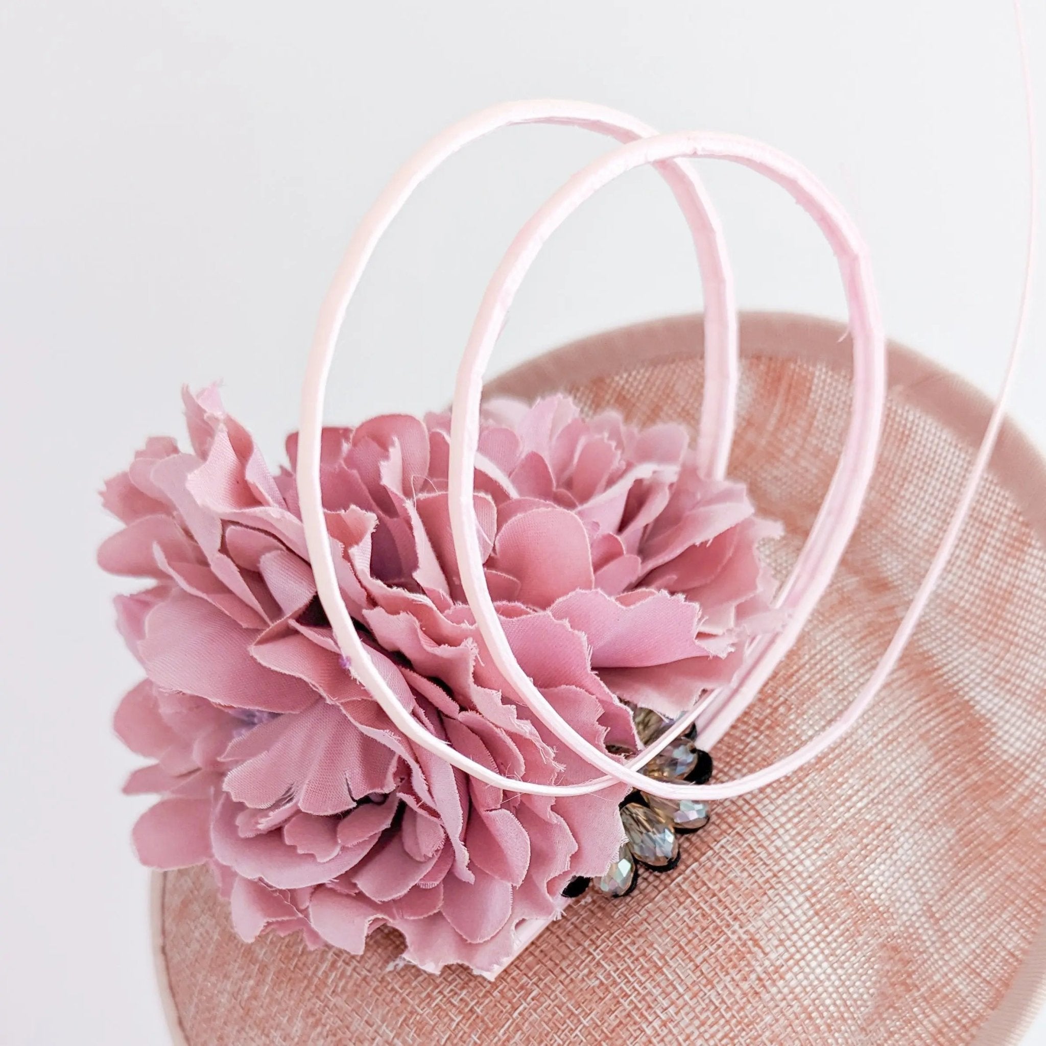 Blush pink flower crystal disc saucer fascinator hat - House of Hats