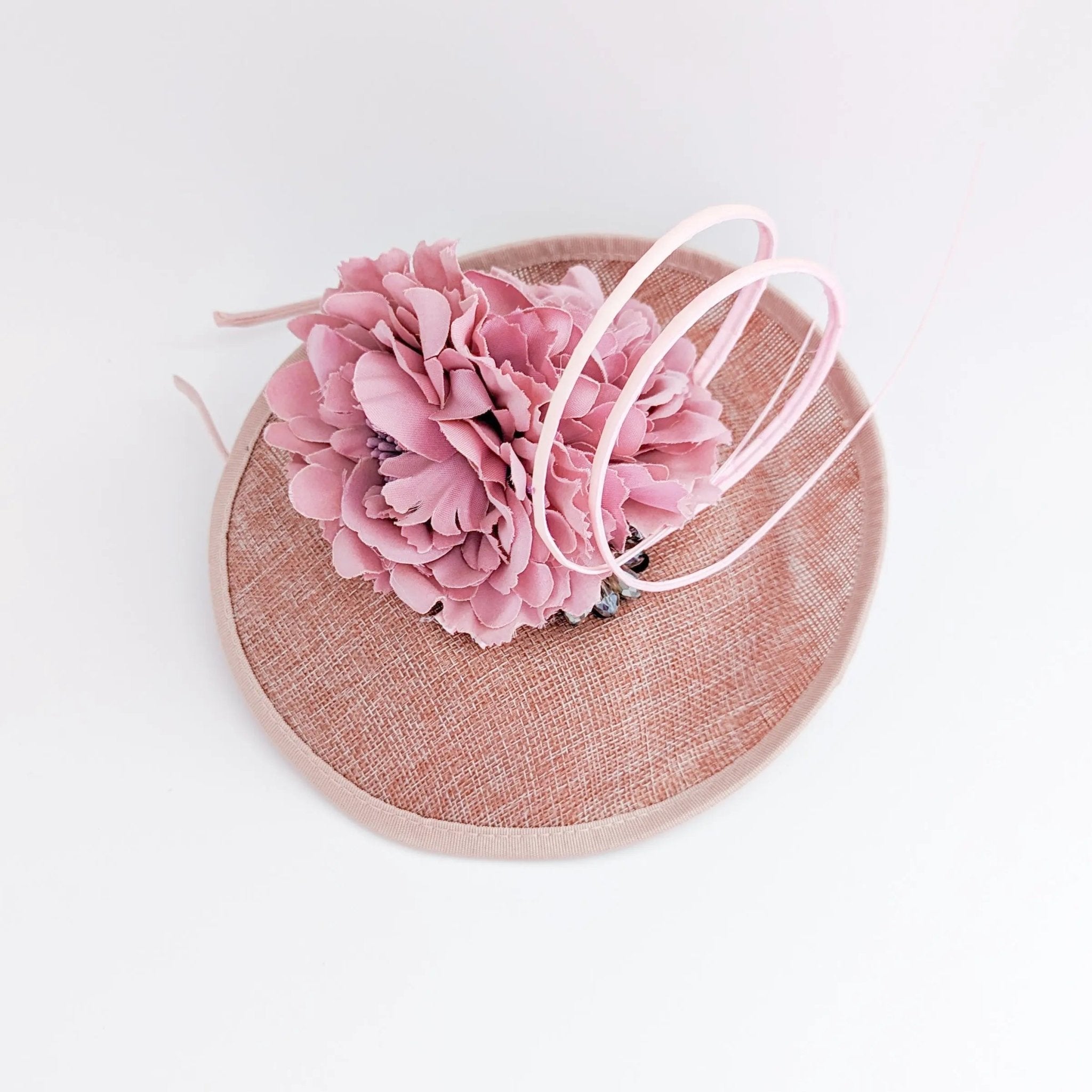Blush pink flower crystal disc saucer fascinator hat - House of Hats