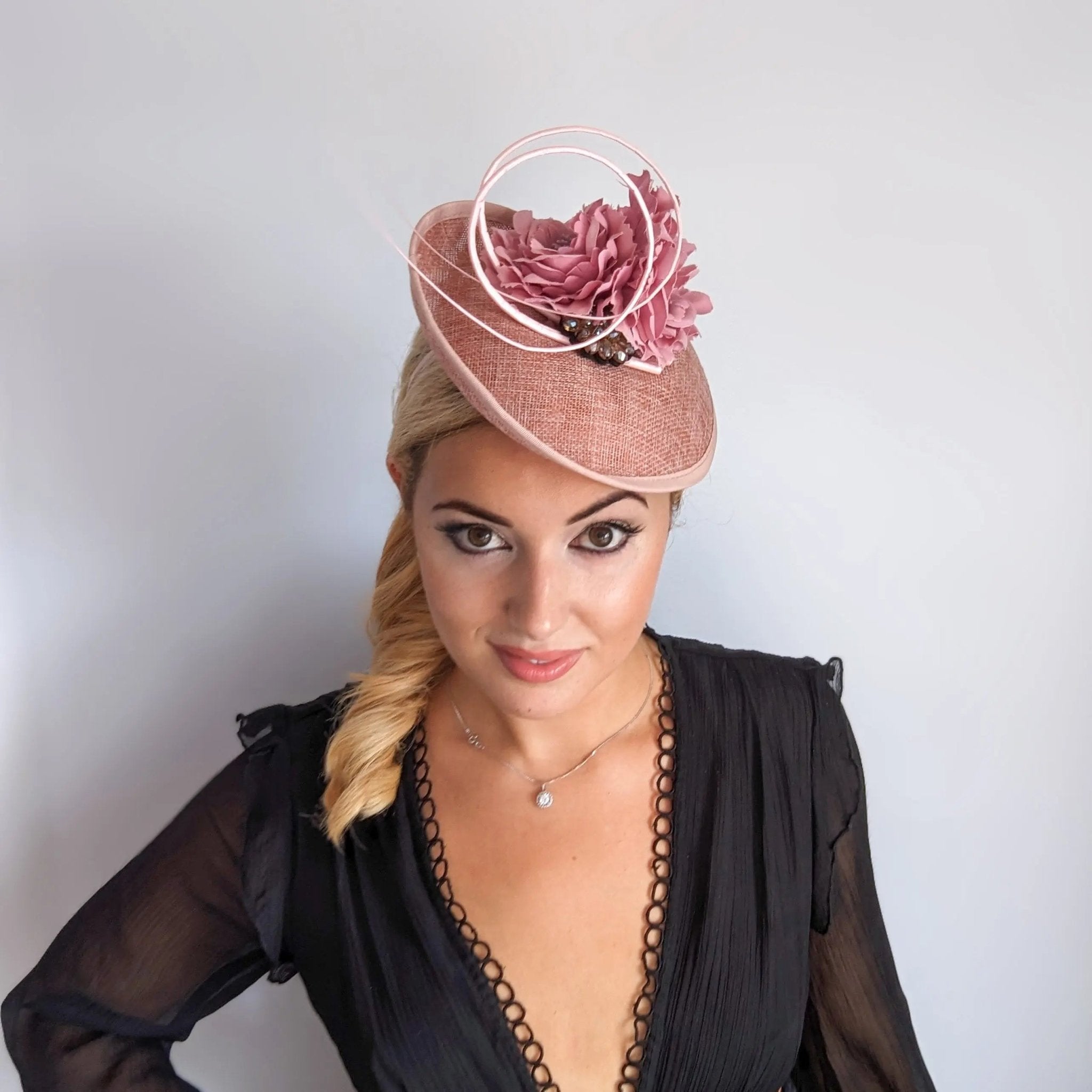 Blush pink flower crystal disc saucer fascinator hat - House of Hats