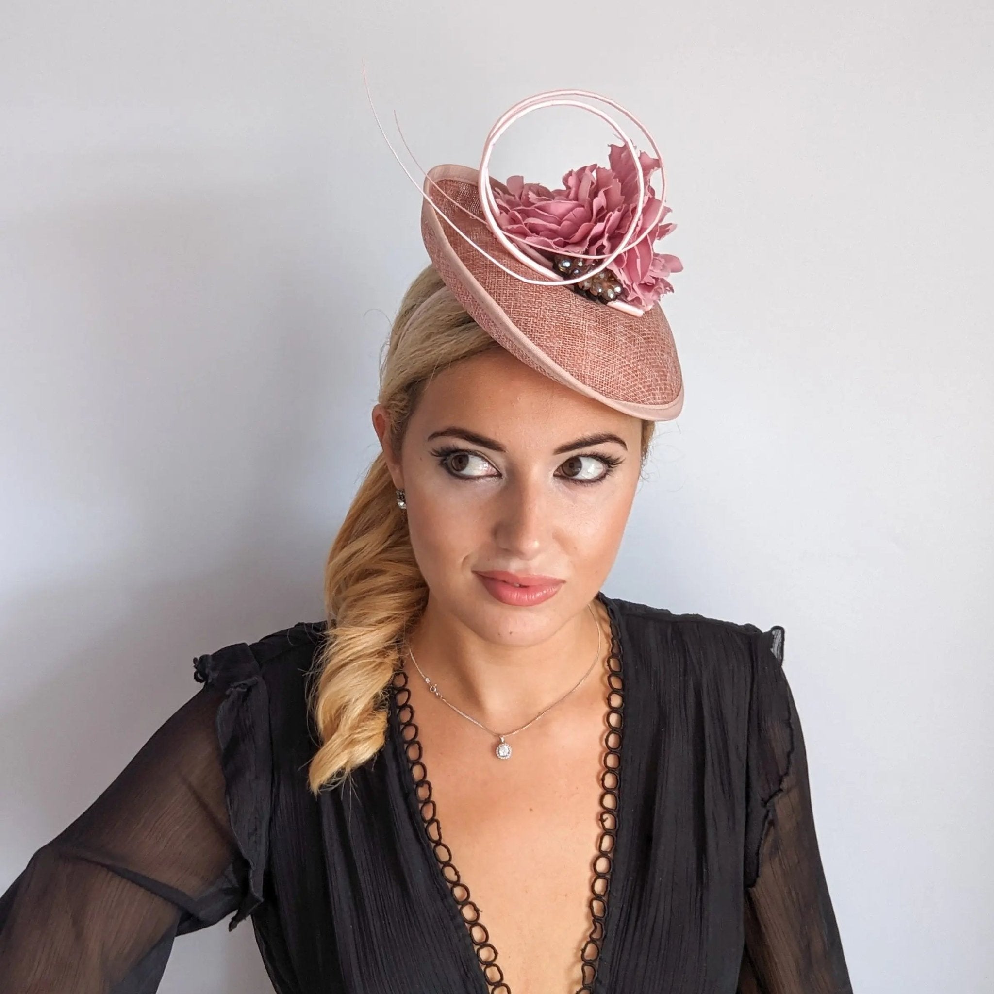 Blush pink flower crystal disc saucer fascinator hat - House of Hats