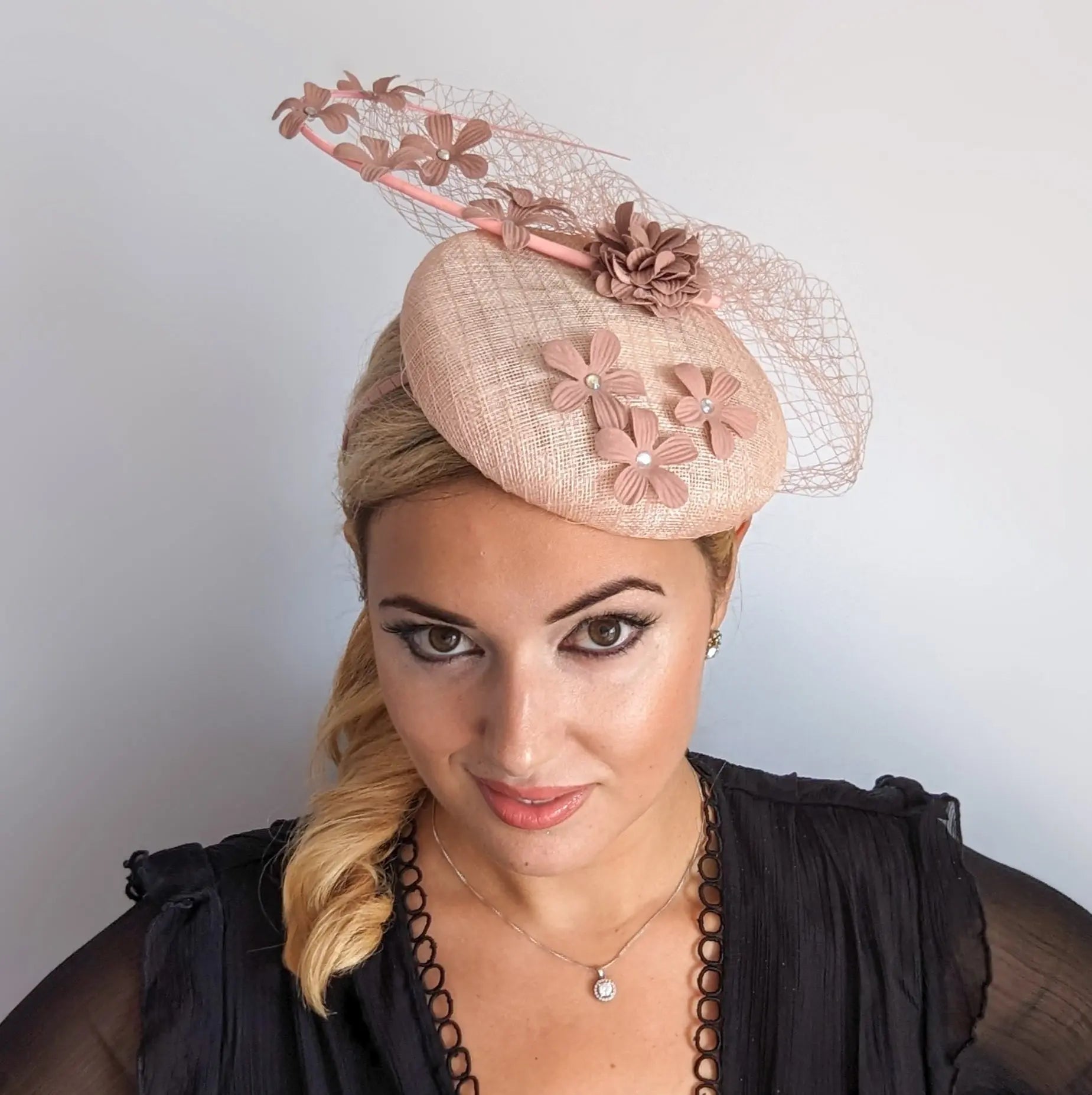 Blush pink flower fascinator hat - House of Hats
