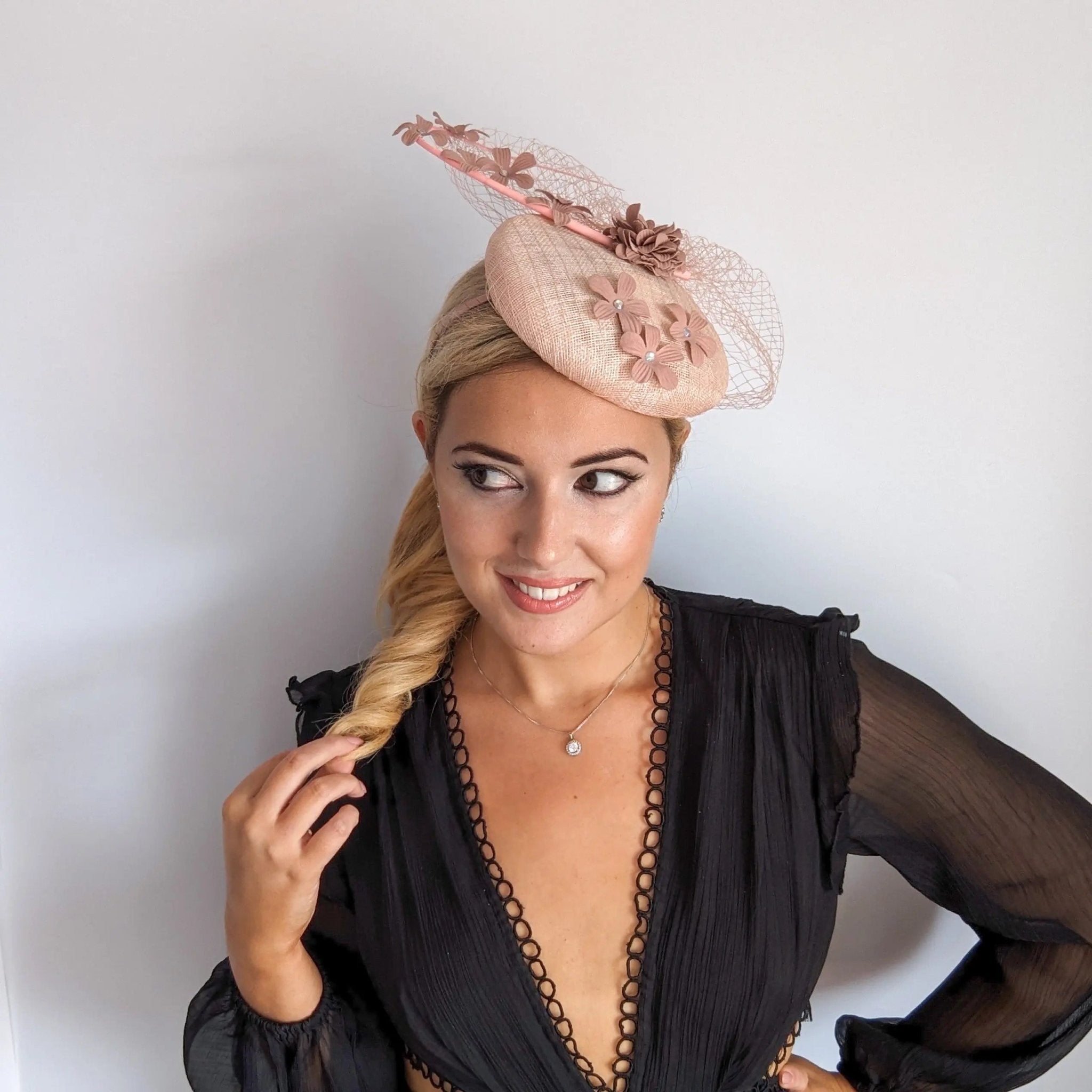 Blush pink flower fascinator hat - House of Hats